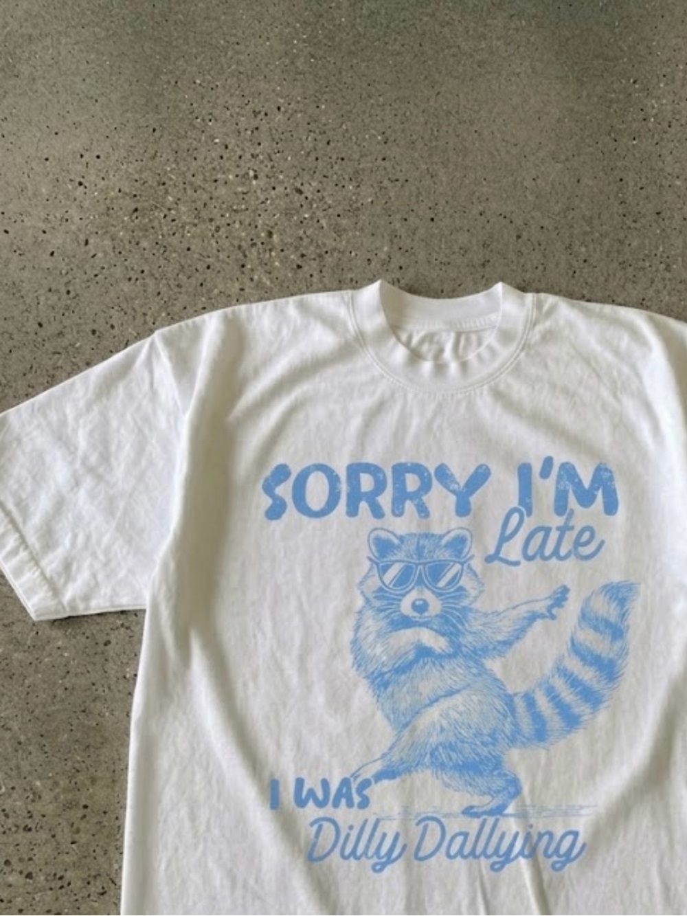 Sorry I’m Late Dilly Raccoon Unisex Gildan White Tee Funny Meme Graphic T-Shirt - Picture 3 of 4